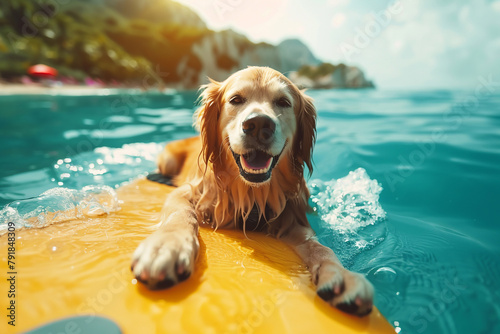 Beautiful golden retriever lying on the yellow paddle board floating in the sea.
