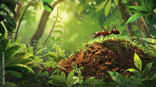 red wood ant formica rufa building a large anthill in a lush green forest nature illustration