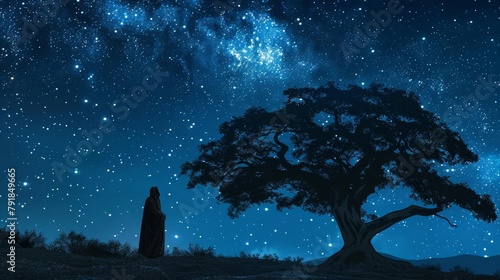 silhouette of faithful abraham conversing with god under starry night sky near ancient tree religious concept illustration