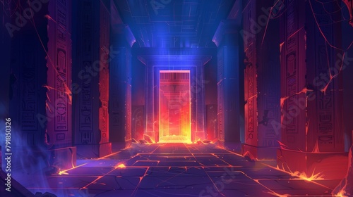 In an abandoned Egyptian palace, a dark dungeon has been created. It has been highlighted with a fire, dust and spiderweb on the pillars, as well as mysterious neon hieroglyphics on the walls.