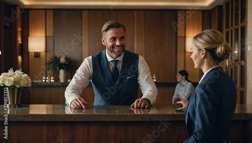 Happy hotel manager talking to guest at reception desk