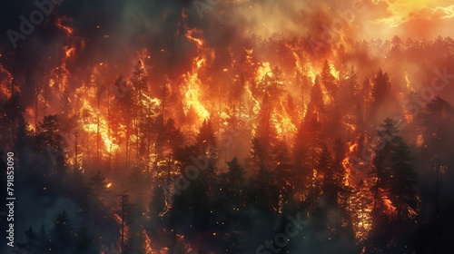 Forest engulfed by wildfire, hazard in nature, devastating flames, urgent alert