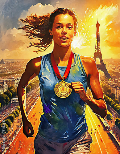 running at olympic games, paris in backgound, olympic medal