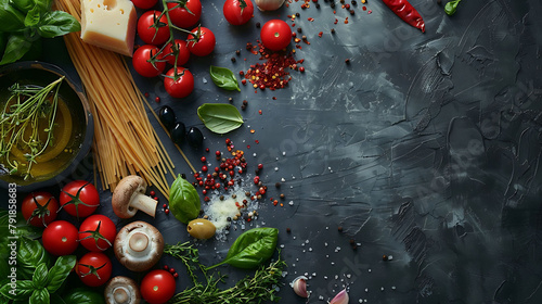 Italian food background, with vine tomatoes, basil, spaghetti, mushrooms, olives, parmesan, olive oil, garlic, peppercorns, rosemary, parsley and thyme, Slate background