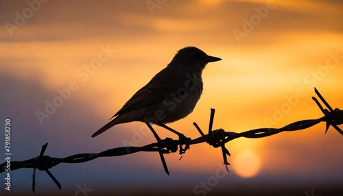  Silhouette of Small Bird Perched on Barbed Wire at Sunset 