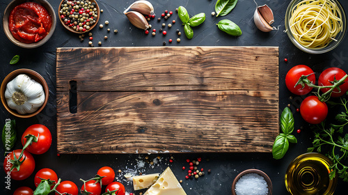 Italian food cooking ingredients on dark background with rustic wooden chopping board in center, top view, copy space, hyperrealistic food photography