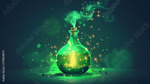 Cartoon animation of a glass vial with a puffing cloud of green smoke from a chemical reaction. Illustration of elixir with magic elixir and green smoke.