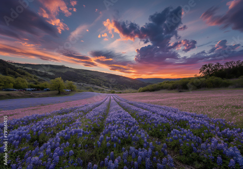 Parallel rows of lavender lupine flowers lead into a horizon lit by a sublime sunset, casting soft hues over a tranquil pastoral scene.