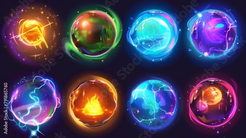 Game assets with fantasy glowing orbs with magic powers. Set of realistic modern illustrations of colorful luminous balls of witches and wizards. Energy glass globe with shining plasma with neon