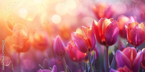 Vibrant tulips with dew drops against a soft focus background with warm bokeh lights