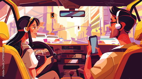 Taxi driver and young woman sitting in front seat 