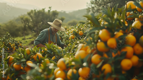 Farmer picking tangerines in the orange grove 