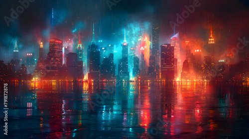 A city skyline during a fireworks festival, using HDR to capture the explosion of colors and the reflections on the buildings
