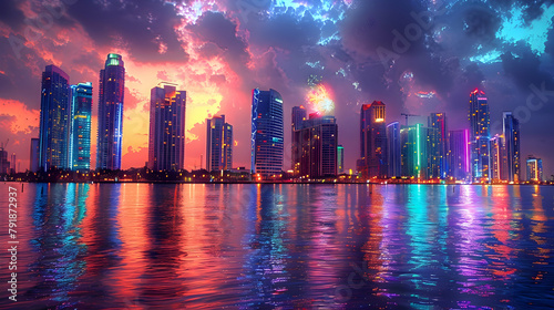 A city skyline during a fireworks festival, using HDR to capture the explosion of colors and the reflections on the buildings
