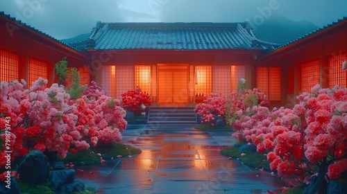 Traditional Japanese Architecture with Illuminated Red Sliding Doors and Azalea Bushes