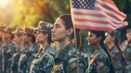 US female soldiers in uniform standing in formation with the American flag. Independence Day, Memorial Day, Veterans Day