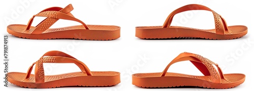 Trendy orange sandals perfect for summer with a comfortable flat design, showcased in front and side views, isolated on white for fashion catalogues and travel essentials