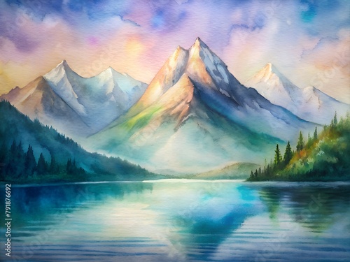 Watercolor illustration of mountain landscape