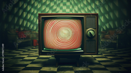 old television with hypnotic screen and vintage background сreated with Generative Ai