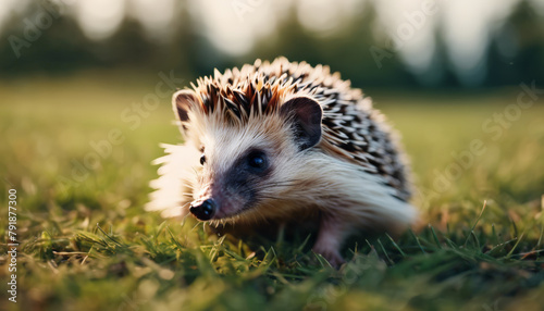 Illustation young beautiful hedgehog in natural habitat outdoors in the nature.