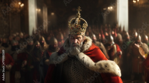 Stern king with piercing eyes wears a crimson and gold crown, cloaked in luxurious fur, overlooking his court, where blurred figures suggest a grand, bustling backdrop of royal life