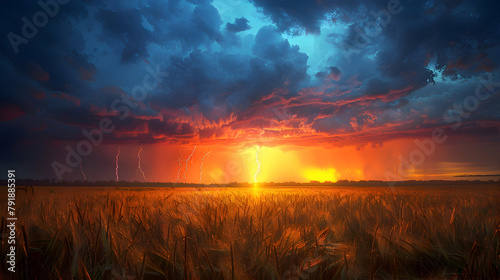 A dramatic thunderstorm over a prairie, captured in HDR to emphasize the dark storm clouds and the bright lightning strikes