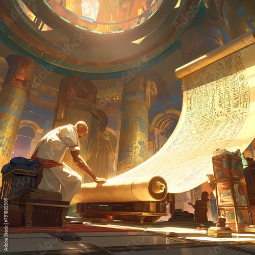 Explore the Sacred Writings of Ancient Egypt in this Captivating Illustrated Scene.