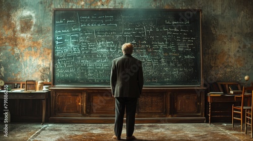 Professor looks at the blackboard covered with chalk. Old college teacher. University green board background. Secondary or higher education. Man stand in classroom while lesson. People profession.