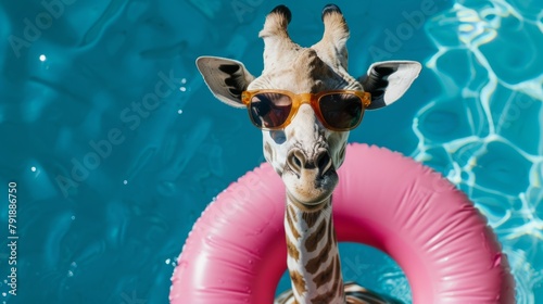 Top view of white giraffe in summer sunglasses , on the pool.