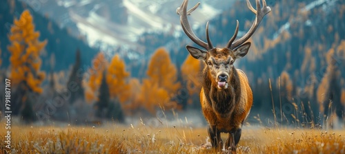 A deer with large antlers, licking its lips and sticking out its tongue in the background of nature. A photo taken