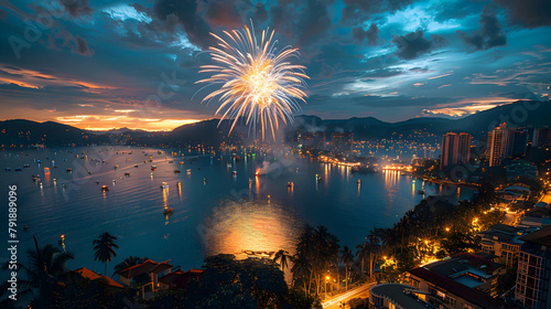 A firework display over a cityscape, using HDR to capture the vivid colors against the night sky and the city lights
