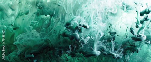 Explosion of vibrant bright green particles of powder bomb blasting on white background. Colour powder movement concept ,Liquid fluid art abstract background. green acrylic paint underwater