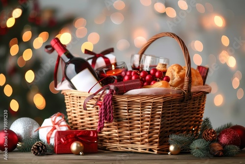 A wicker basket filled with wine, glasses, and festive treats set against a backdrop of holiday lights