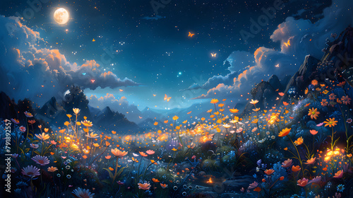 Magical Garden Glow: Serene Scene with Glowing Flowers and Butterflies
