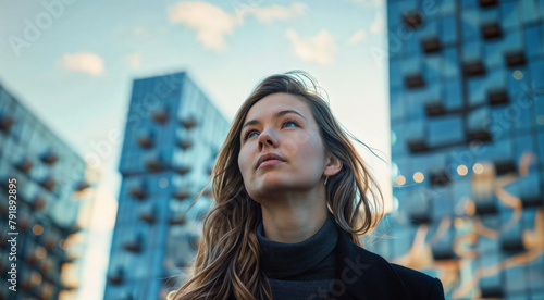Une femme aux cheveux longs se tient devant de grands bâtiments moderne