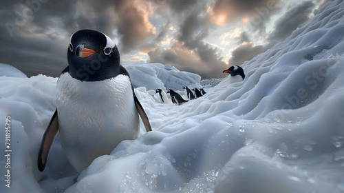 A group of penguins on an icy Antarctic shore, using wide-angle and HDR to capture their vivid markings against the stark white ice