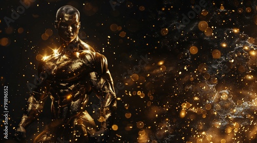 Gold glitter on bodybuilder man body. Web banner male on the left, dark background