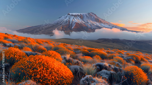 A high mountain peak at dawn, with clouds swirling around it, captured in wide-angle for a dramatic perspective