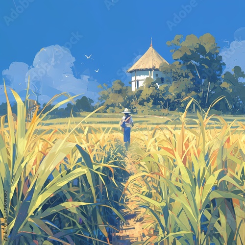 A captivating farmland scene with a person walking amidst tall sisal plants under a clear blue sky. The image captures the essence of rural life and agricultural work in a vibrant setting.