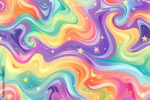 A seamless retro pattern featuring colorful, abstract waves and scattered stars