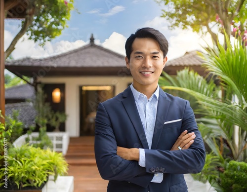 Asian smiling real estate agent man wearing formal jacket and holds his armas crossed in corporate style. Blurred Bali villa style at background.