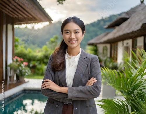 Beautiful, asian smiling real estate agent woman wearing formal jacket and holds her armas crossed in corporate style. Blurred Bali villa style at background.