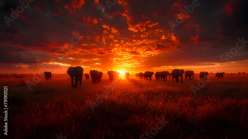 A large herd of elephants migrating across an African savanna at sunset, shot in HDR to enhance the dramatic sky and landscape