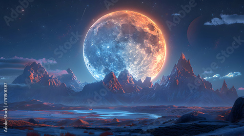A large moon rising behind a silhouette of mountains, captured in HDR to detail the texture of the moon's surface and the dark mountains