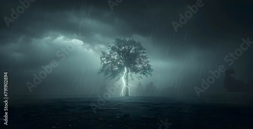 A lightning bolt striking a lone tree on a plain, using HDR to capture the dramatic contrast between the illuminated sky and the dark ground