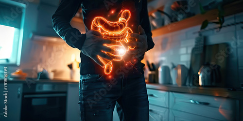Celiac Disease: The Digestive Issues and Malnutrition - Picture a person with highlighted small intestine showing damage, experiencing digestive issues and malnutrition, illustrating the symptoms of c