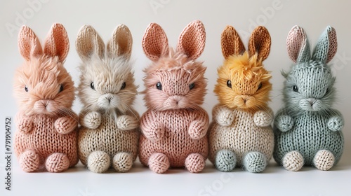 Colorful handmade knitted baby rabbits in a row against a clean white background