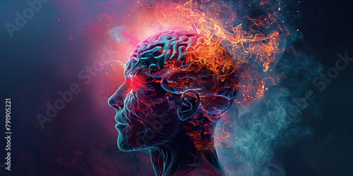 Schizophrenia: The Hallucinations and Delusions - Visualize a person with highlighted brain showing neurotransmitter imbalance, experiencing hallucinations and delusions,