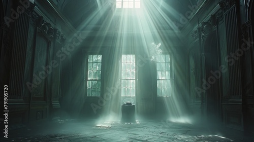 Solitary antique gramophone in a mysterious, mist-filled room with ethereal light streaming in