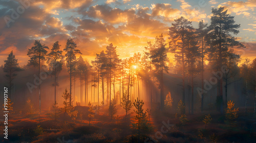A misty forest at dawn with sunbeams piercing through the trees, captured in HDR to highlight the contrasts of light and shadow
